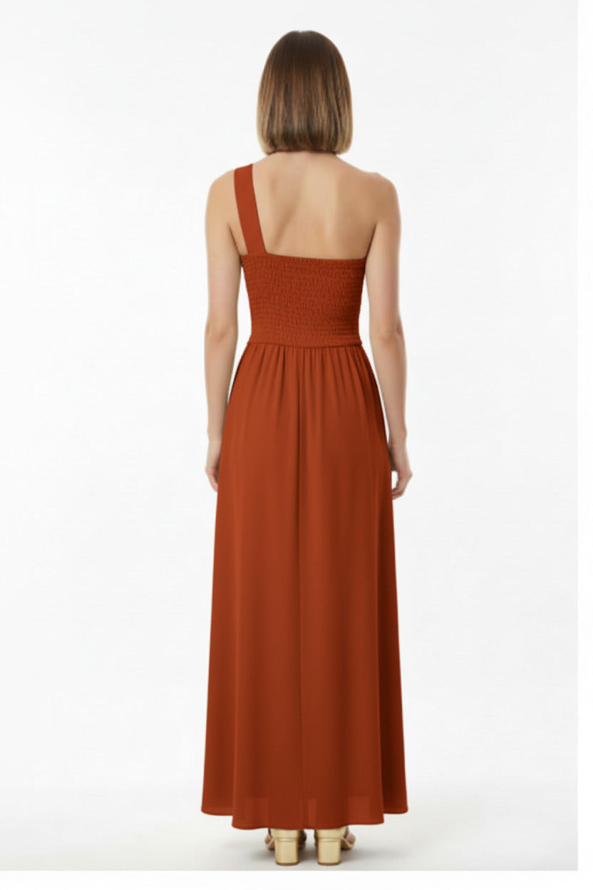 espalda vestido de fiesta largo escote asimétrico teja