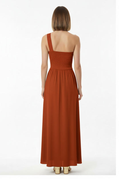 espalda vestido de fiesta largo escote asimétrico teja