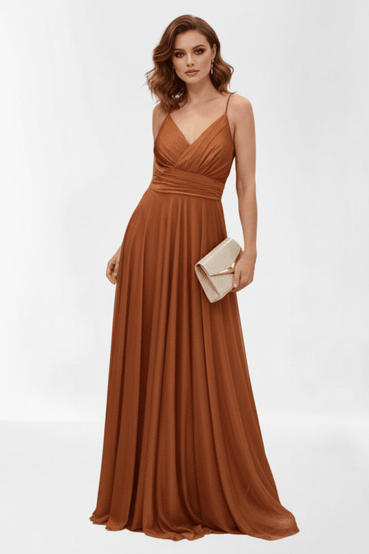 Vestido de Fiesta Largo Sochy - Falda con Vuelo y Tirantes Finos Teja 42