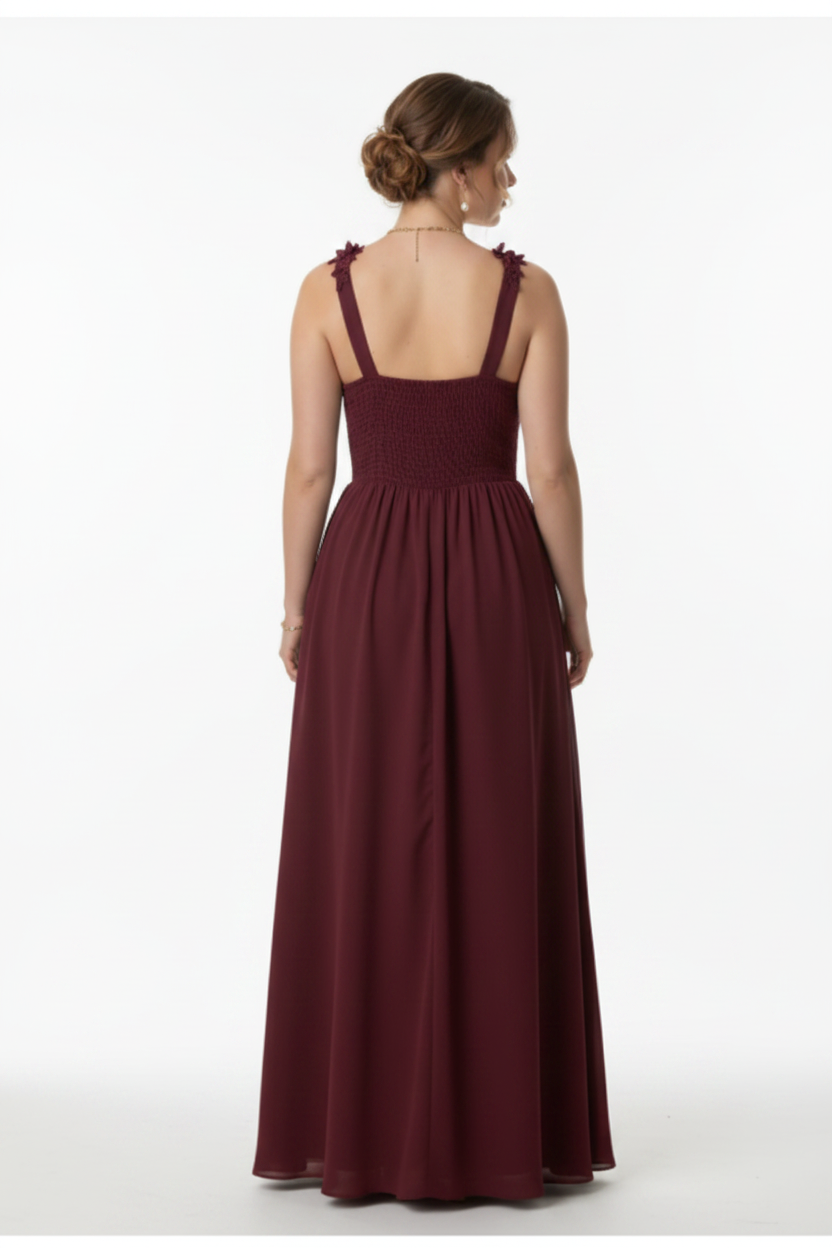 espalda vestido de fiesta largo talla grande con flores en los tirantes burdeos
