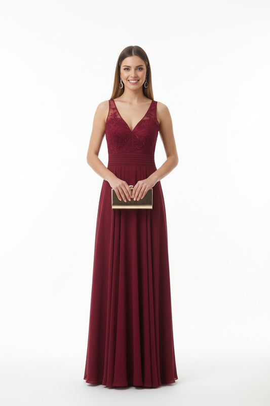 Vestido de Fiesta invitada boda con Top de Encaje y  Escote Pico granate