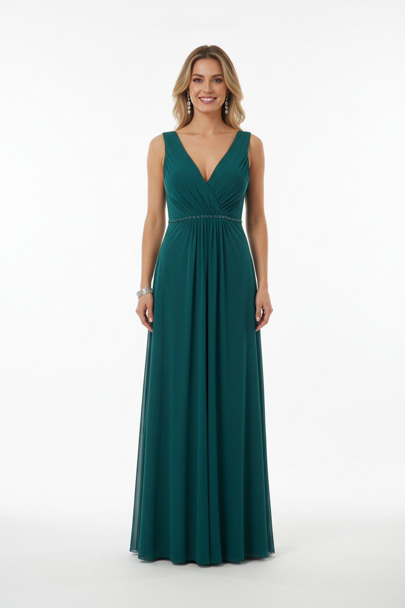 vestido de fiesta largo turquesa con pedrería en la cintura