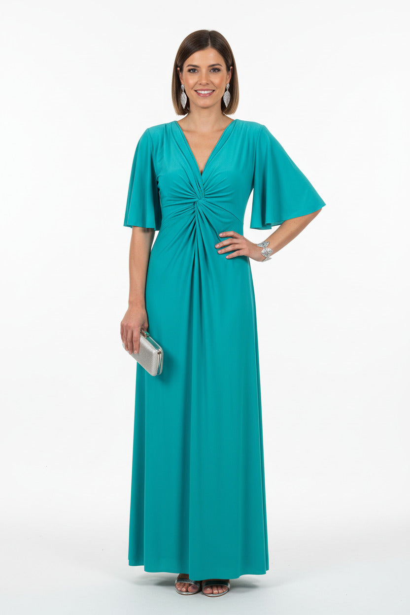 vestido de fiesta largo turquesa con manga corta y nudo cruzado en el escote 