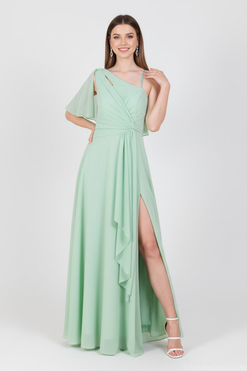 vestido de fiesta largo para invitada  con escote asimétrico verde agua