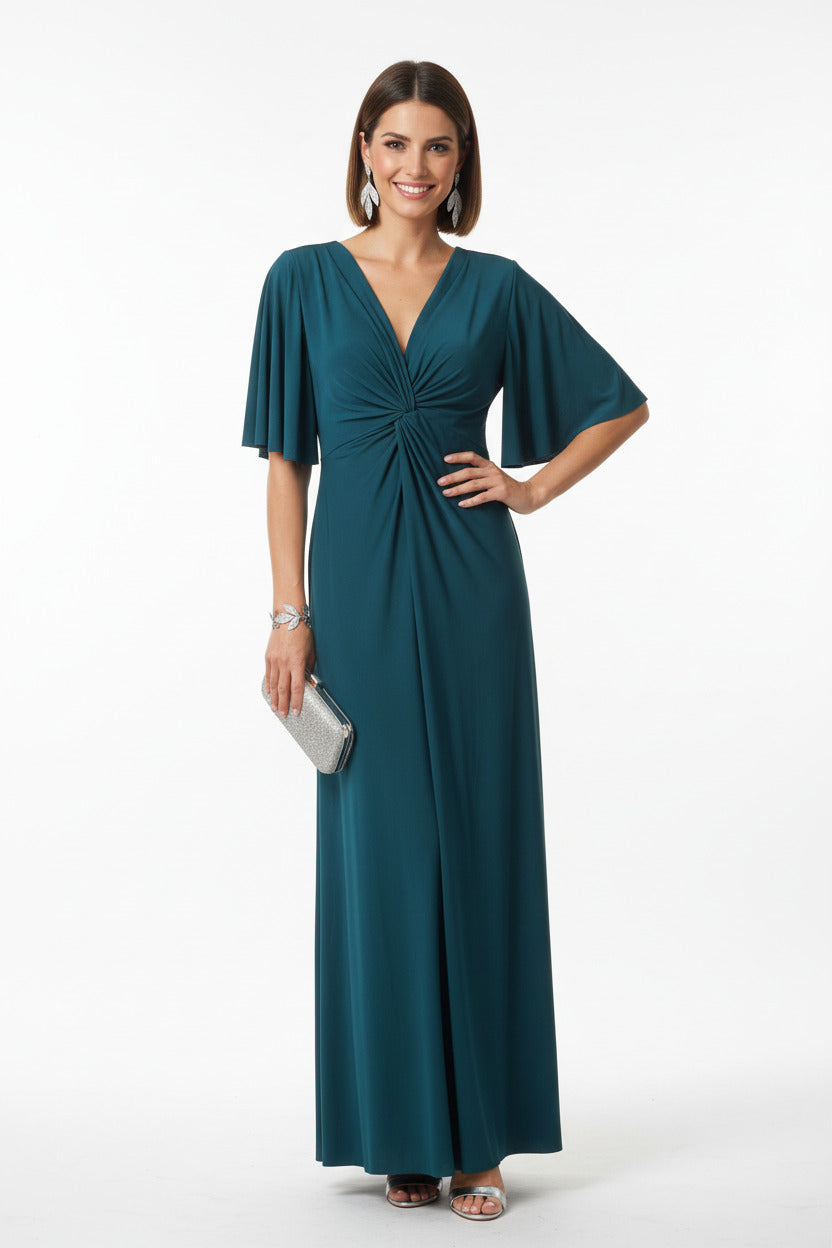 vestido de fiesta largo verde azulado con manga corta y nudo cruzado en el escote 