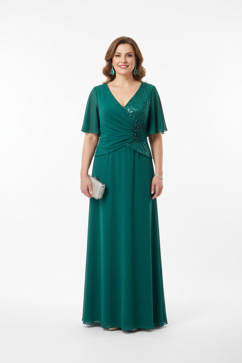 vestido de madrina largo verde con lentejuelas