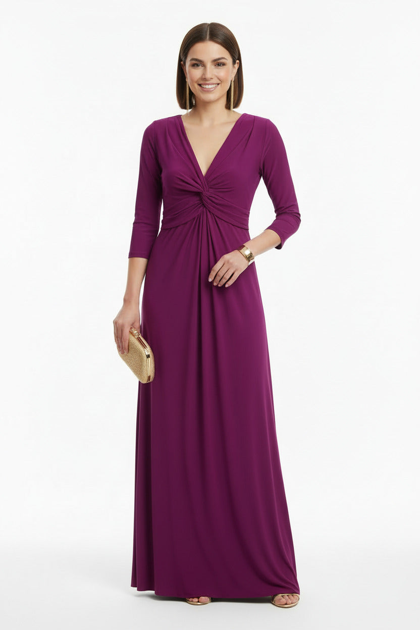 Vestido de Fiesta Largo de licra con Manga Francesa y Escote Pico magenta