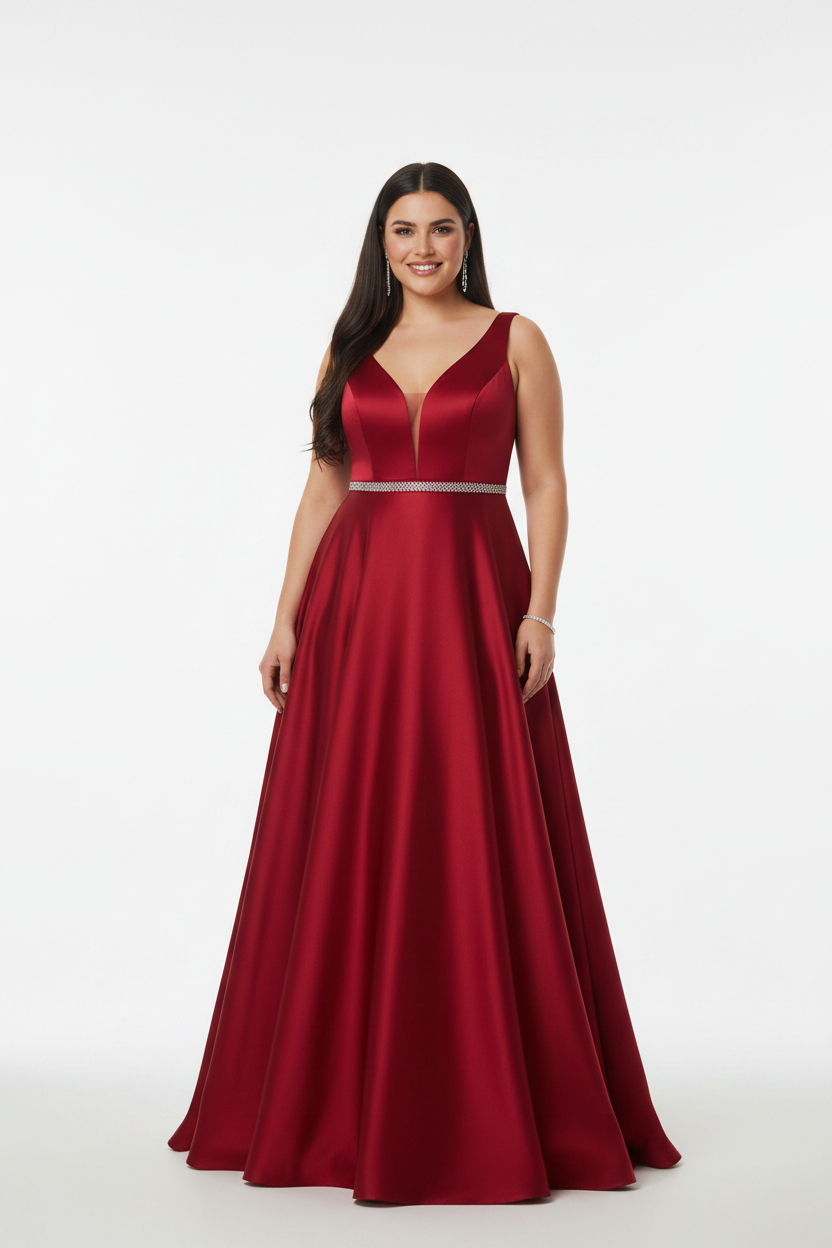 vestido de fiesta largo mikado talla grande rojo con cinturón de pedrería
