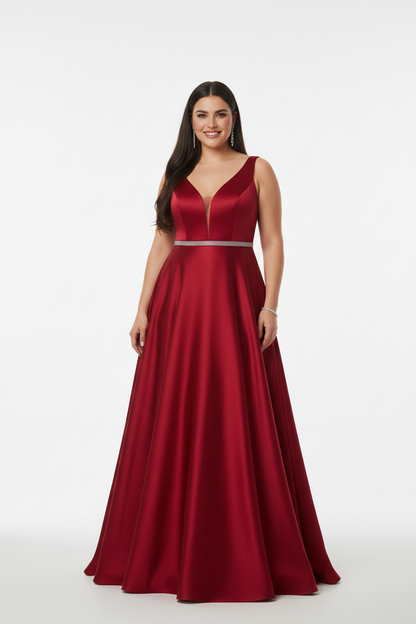 vestido de fiesta largo mikado talla grande rojo con cinturón de pedrería