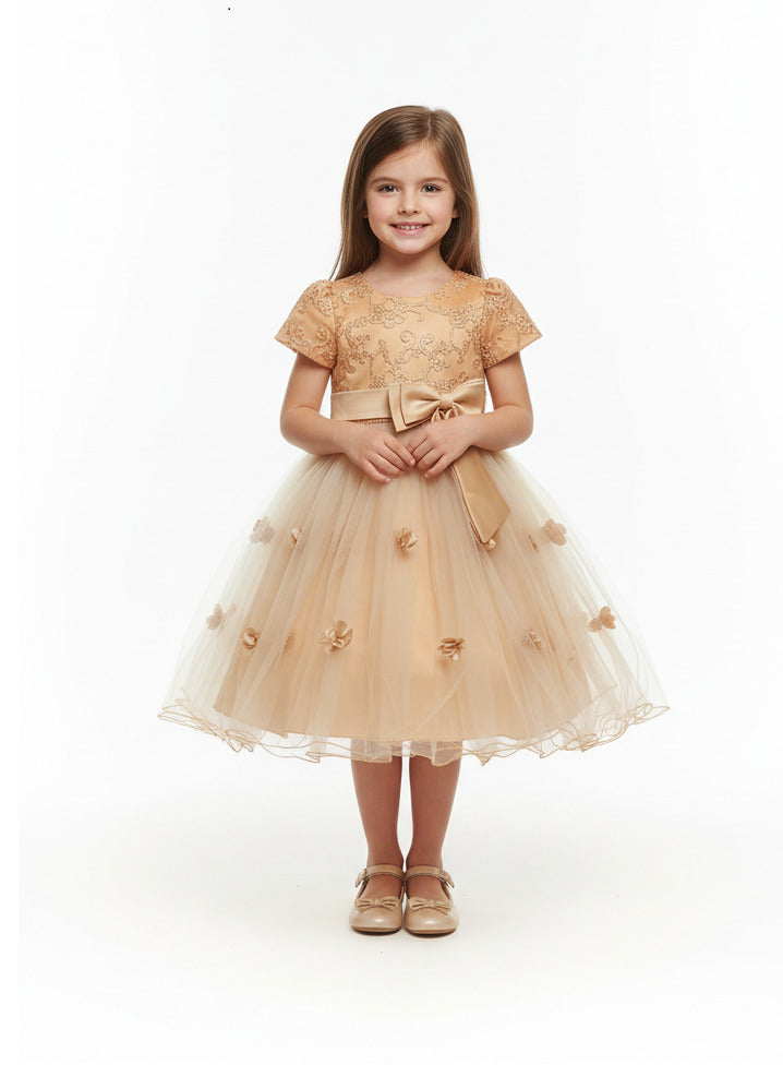 Vestido de Fiesta para Niña Dorado con Bordados Florales Dorado