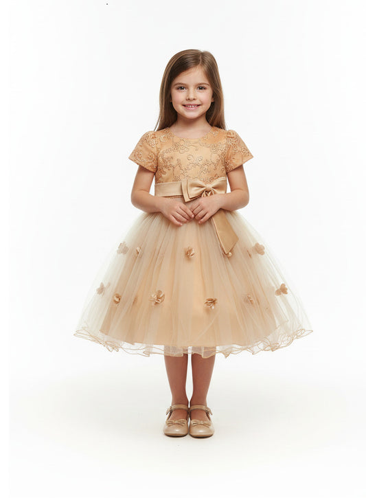 Vestido de Fiesta para Niña Dorado con Bordados Florales Dorado