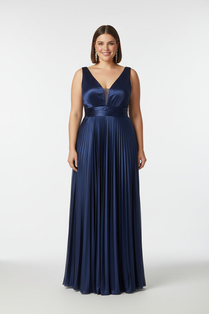 vestido fiesta largo azul marino plisado de satén