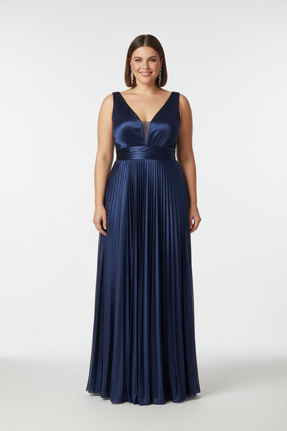 vestido fiesta largo azul marino plisado de satén