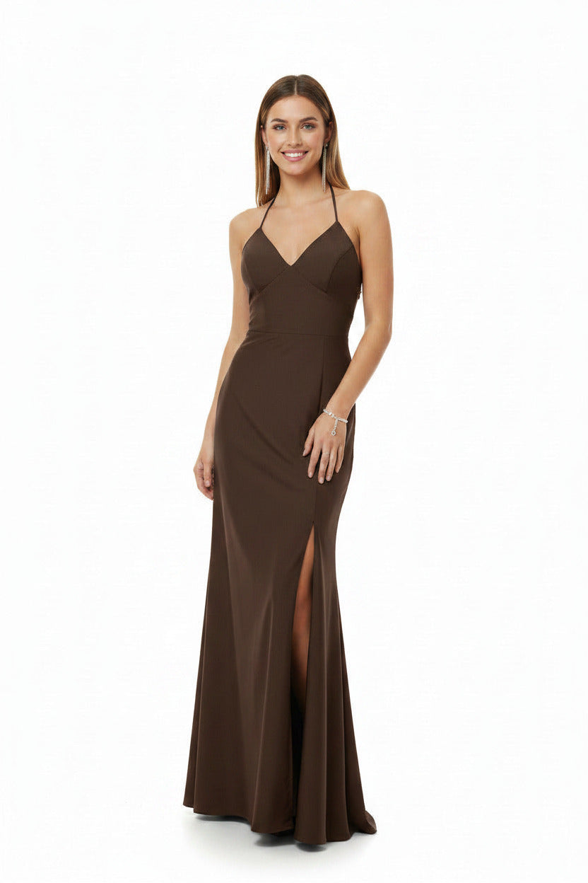  vestido sirena con espalda descubierta color chocolate