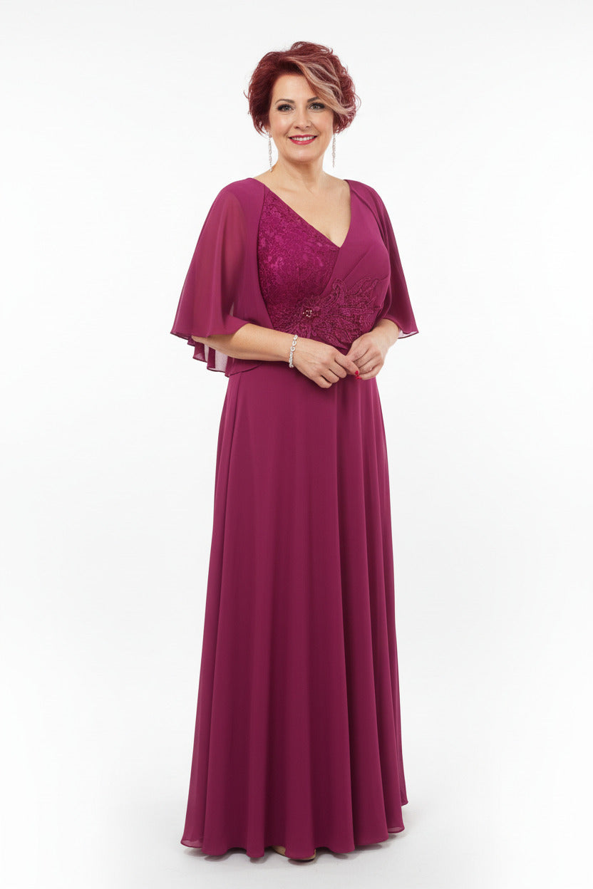 vestido de fiesta largo elegante para madrina con escote pico y detalle de encaje manga volante magenta