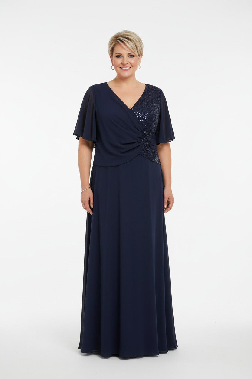 Vestido de Fiesta Largo Arico-Talla Grande con Brillos Azul marino SG (46 48 50 52) banda elástica oculta en la espalda