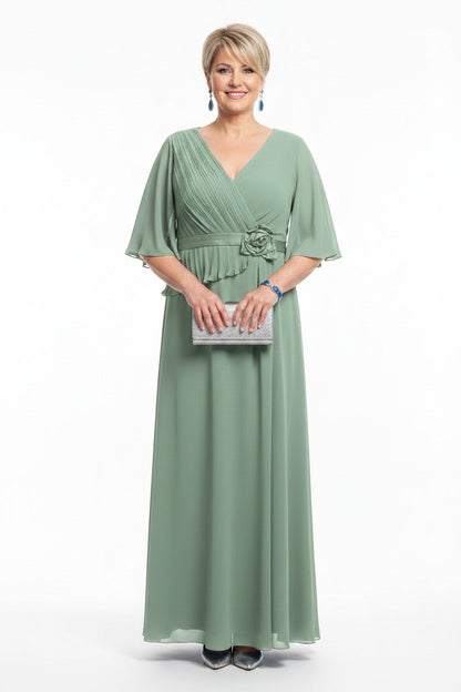 vestido para madrina largo con manga  verde salvia