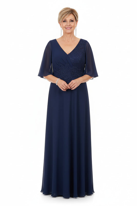 vestido de fiesta largo elegante para madrina con escote pico y detalle de encaje manga volante azul marino