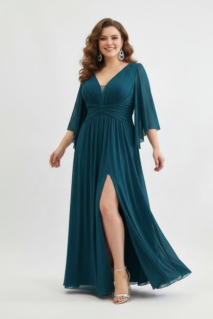 vestido de fiesta largo verde azulado de tul
