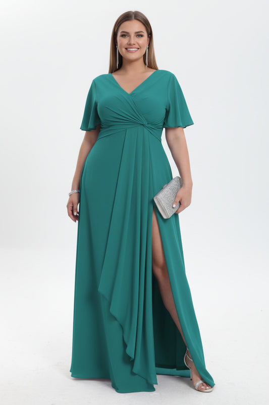 vestido de fiesta largo talla grande con manga y abertura ne la falda verde