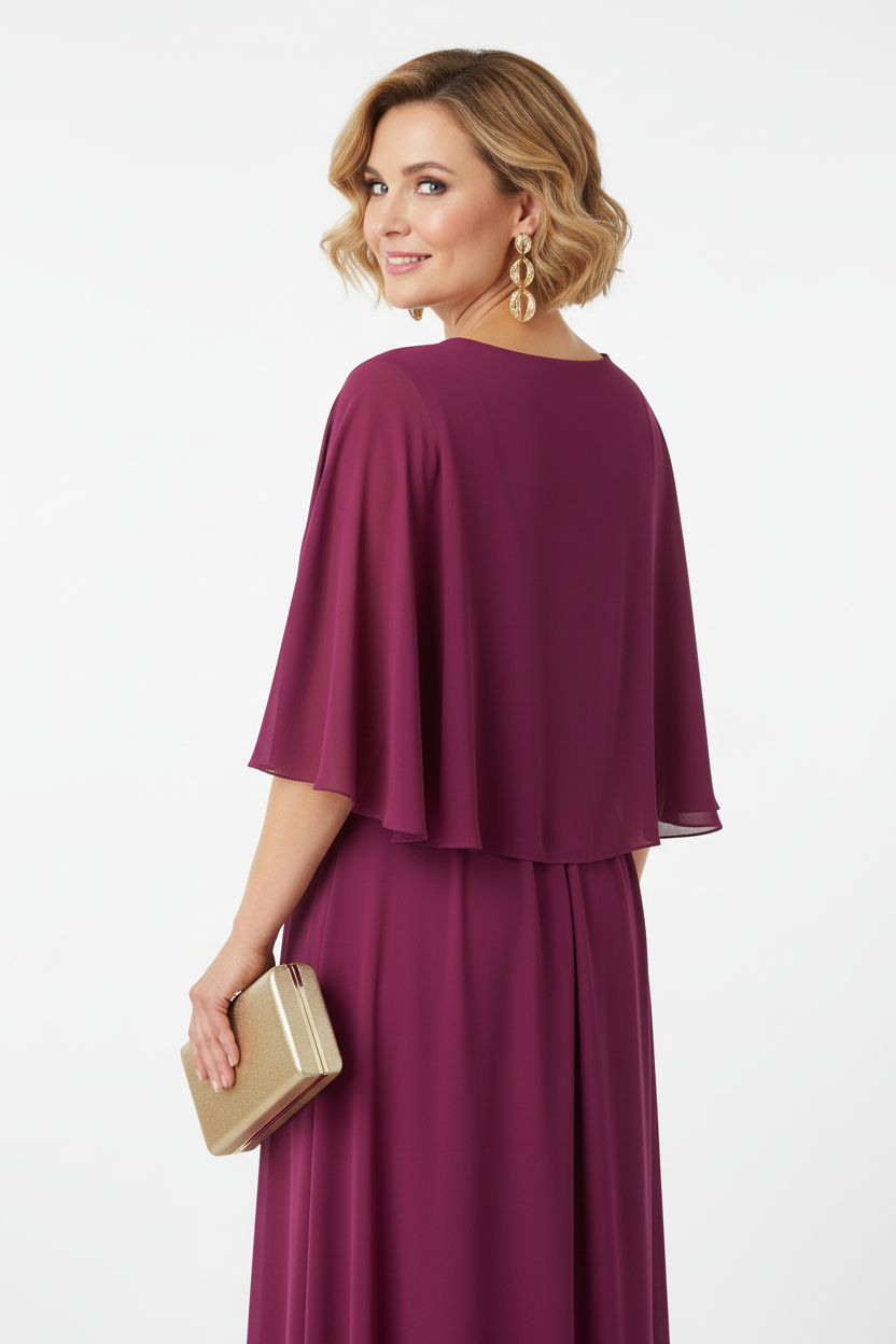 espalda vestido de fiesta largo elegante para madrina con escote pico y detalle de encaje manga volante magenta