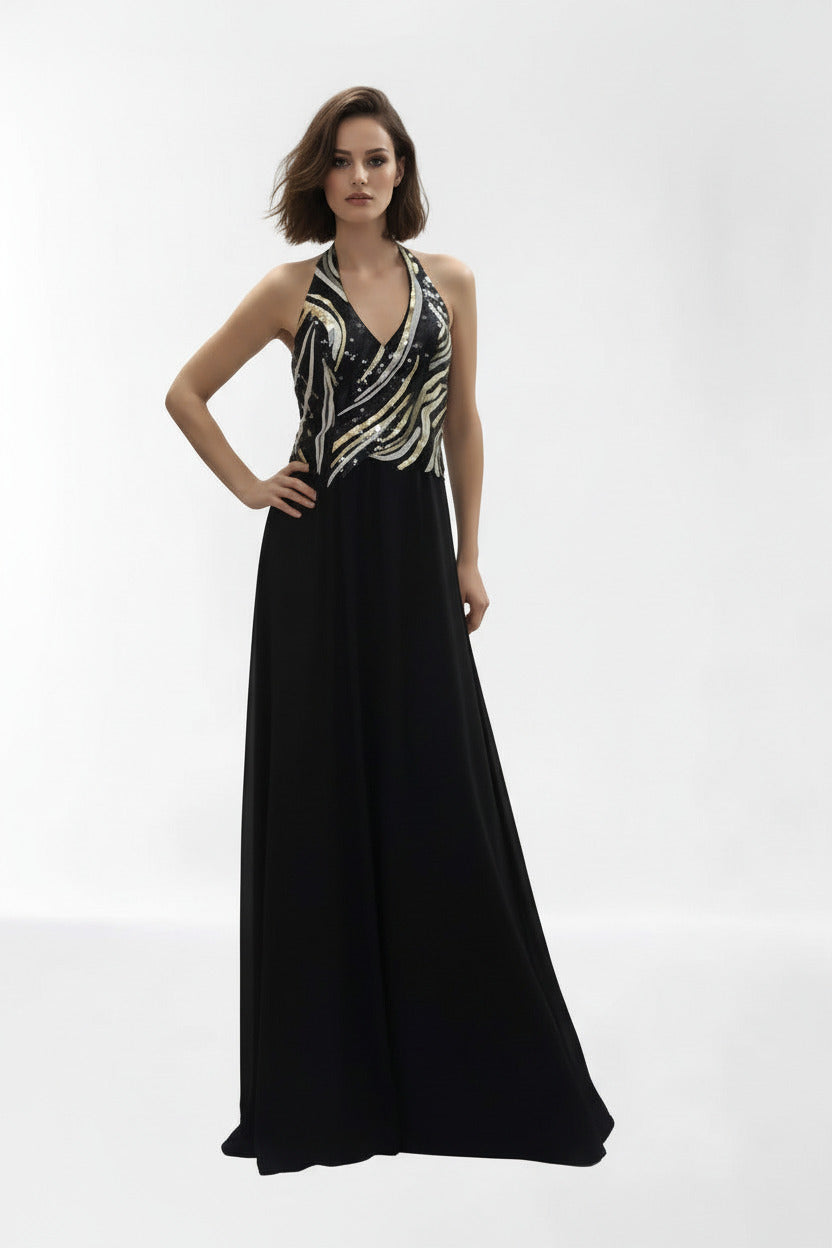 Vestido de gala largo con lentejuelas y escote halter