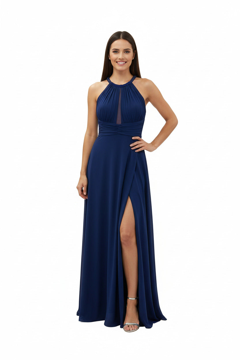 Vestido Largo Fiesta Pisa - Escote Halter con Pedrería y Abertura Azul