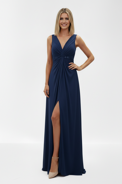 Vestido invitada boda con Escote en V con Pedrería en Cintura Azul marino