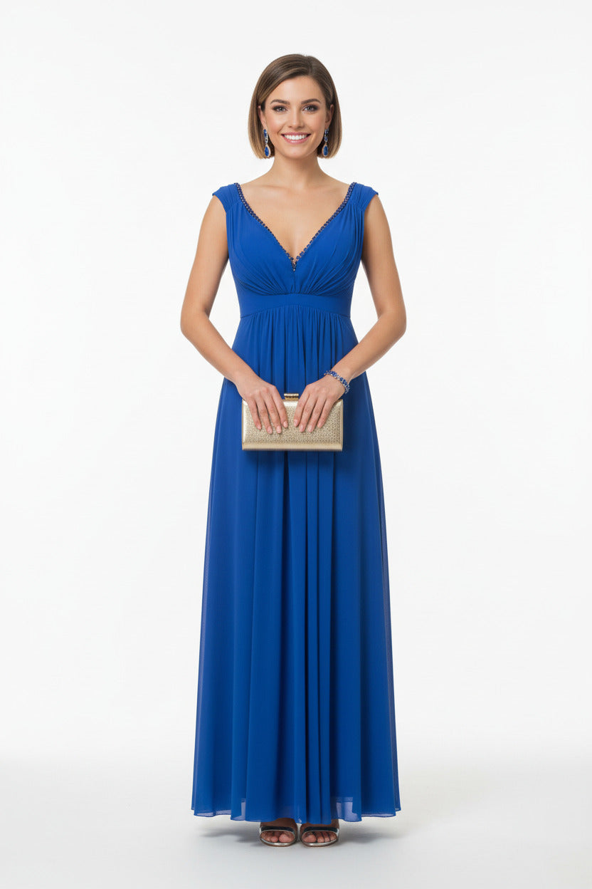 Vestido de Fiesta Largo con Tul con Pedrería y Escote Pico azul para invitadas a boda