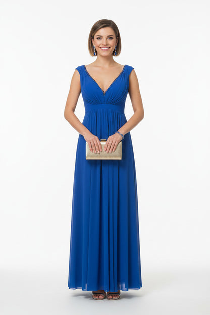 Vestido de Fiesta Largo con Tul con Pedrería y Escote Pico azul para invitadas a boda