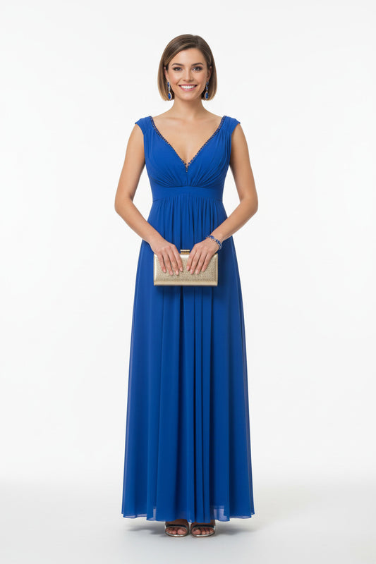 Vestido de Fiesta Largo con Tul con Pedrería y Escote Pico azul para invitadas a boda