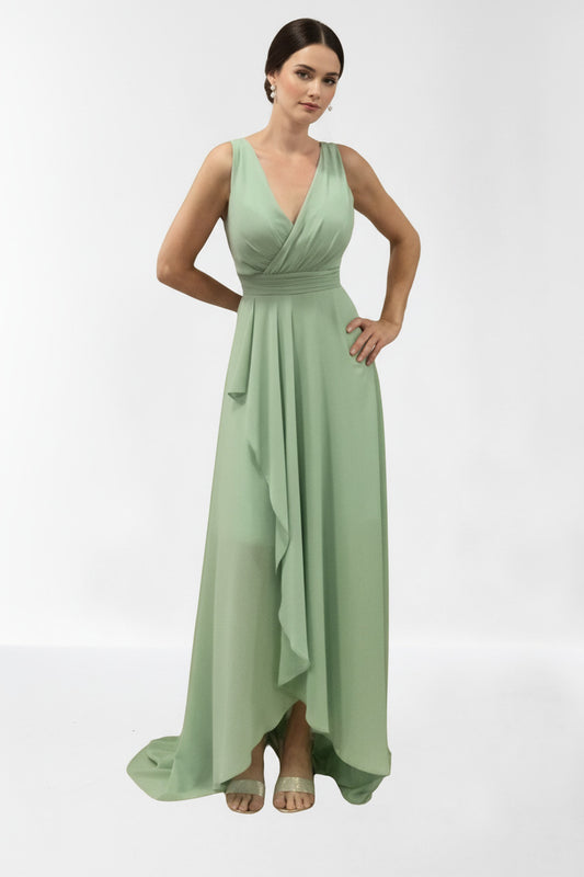 Vestido de invitada a boda largo con bajos asimetricos verde agua