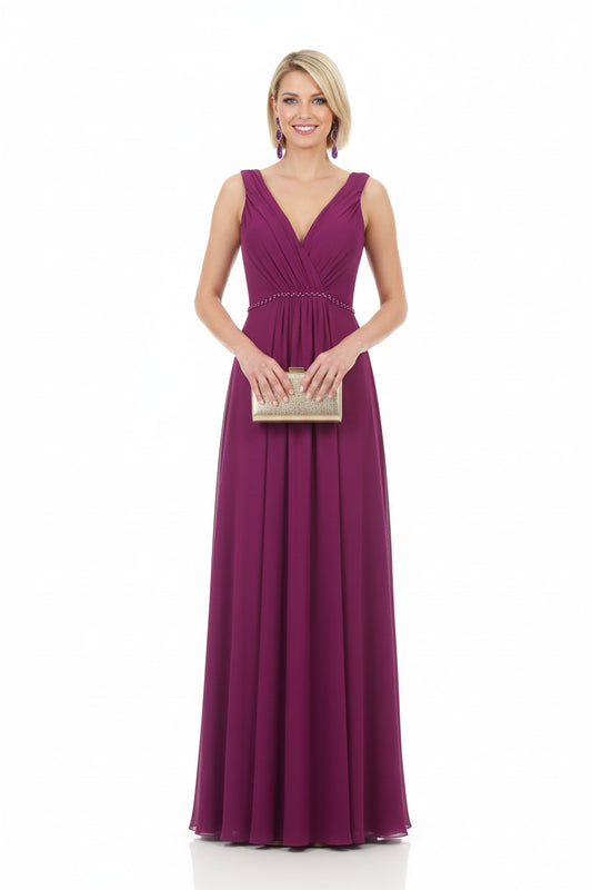 Vestido largo invitada boda con Escote Pico y Pedrería magenta