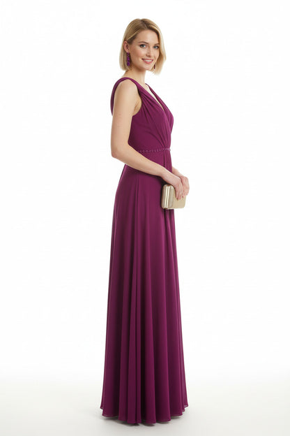Vestido invitada boda largo con Escote Pico y Pedrería magenta