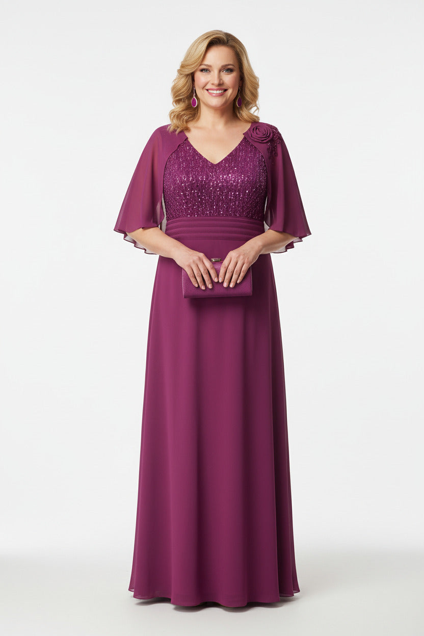 Vestido de invitada a boda Talla Grande con Lentejuelas color magenta