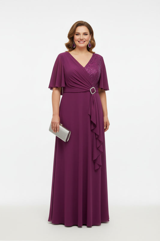 vestido fiesta largo elegante manga corta y broche en la cintura magenta