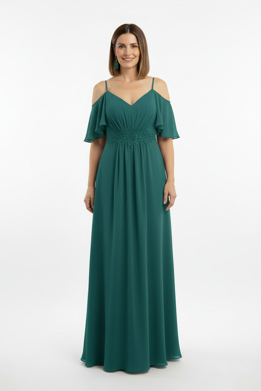 vestido invitada largo con hombros descubiertos y cintura con encaje verde
