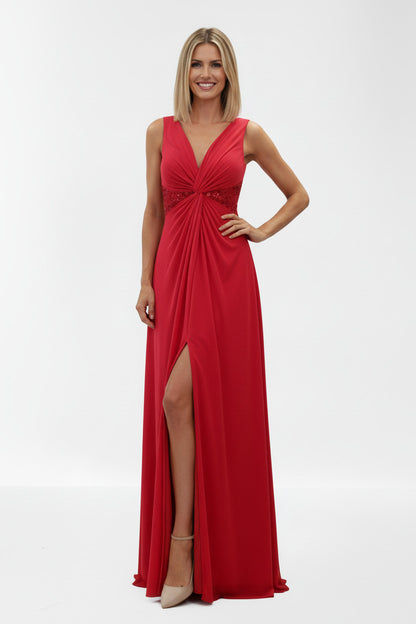Vestido invitada boda rojo con Escote en V con Pedrería en Cintura 