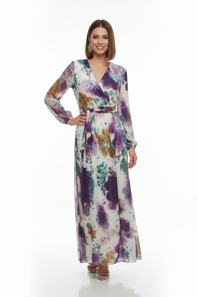 vestido para invitada largo con estampado y manga larga