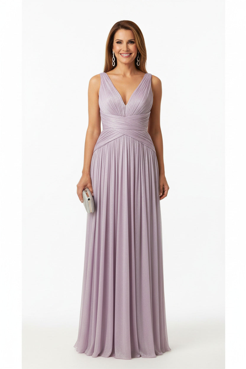 vestido de fiesta largo satinado lavanda escote pìca