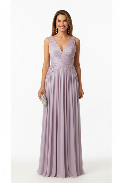 vestido de fiesta largo satinado lavanda escote pìca