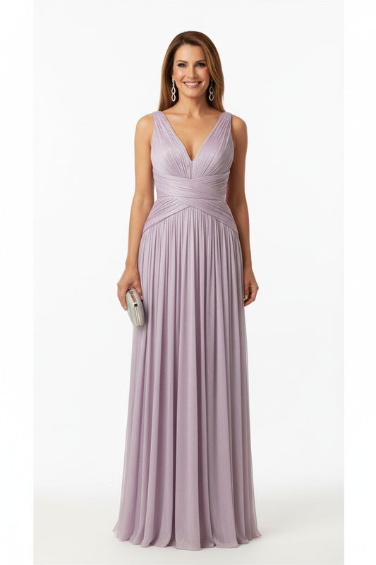 vestido de fiesta largo satinado lavanda escote pìca