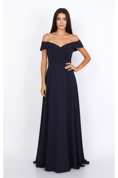 Vestido de fiesta largo para eventos con escote bardot color azul marino