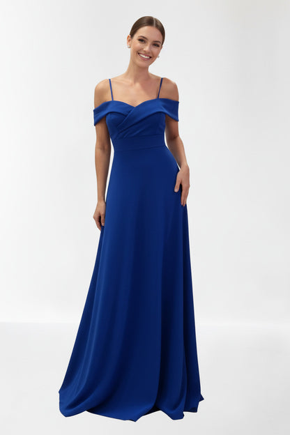 Vestido de fiesta largo para eventos con escote bardot color azul