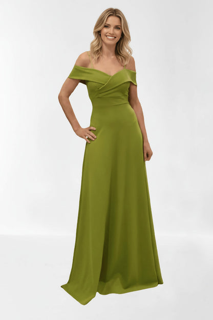 Vestido de fiesta largo para eventos con escote bardot color pistacho