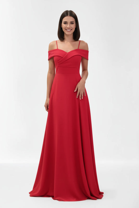 Vestido de fiesta largo para eventos con escote bardot color rojo