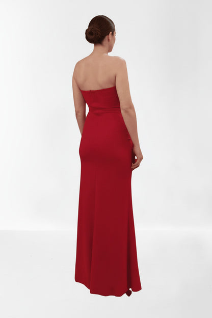 Vestido de fiesta largo elegante palabra de honor rojo-Vista espalda