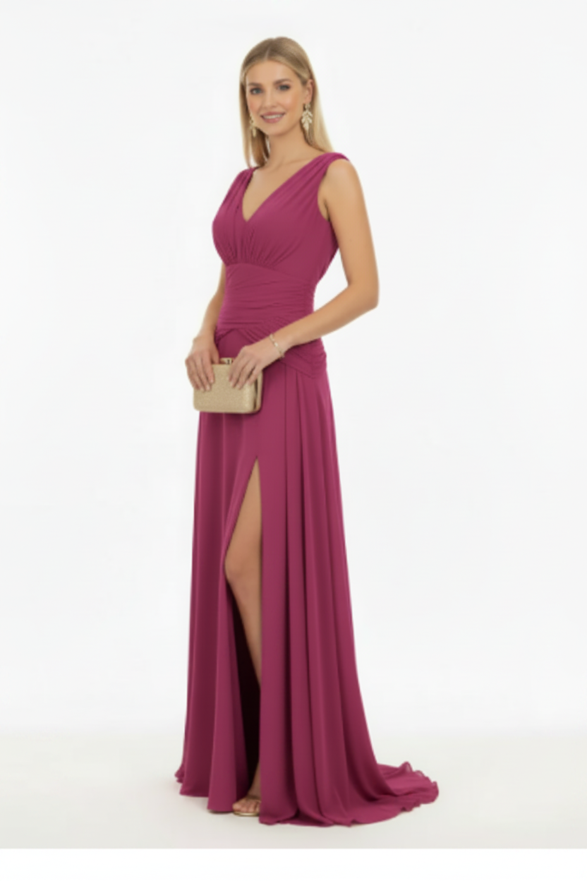 Vestido Largo Mildura- Con Hombreras y Abertura en la Falda