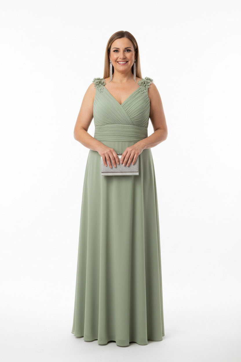 Vestido para boda largo Talla Grande con Tirantes con Encaje verde salvia