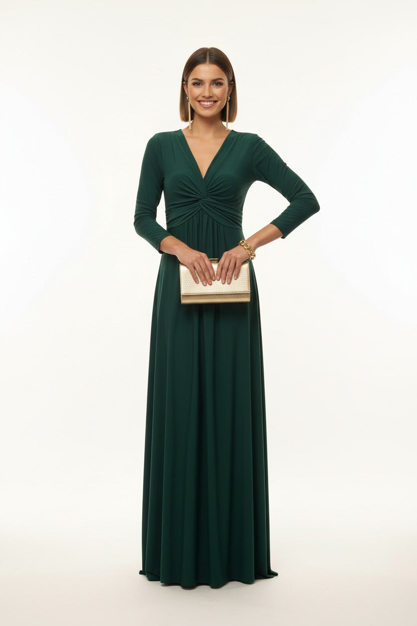  Vestido de Fiesta Largo de licra con Manga Francesa y Escote Pico verde oscuro